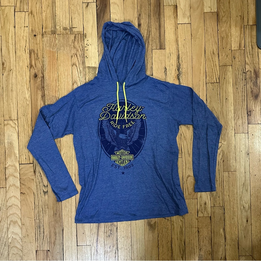 New Harley-Davidson Blue Long Sleeve Hoodie with Neon Accents size Large